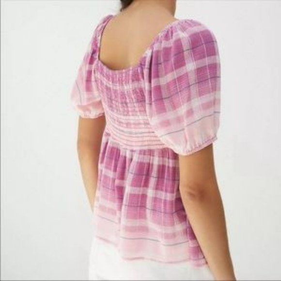 Anthropologie En Elly Ombre Plaid Babydoll Blouse Sweetheart Smocked Top L NWT - Picture 3 of 6
